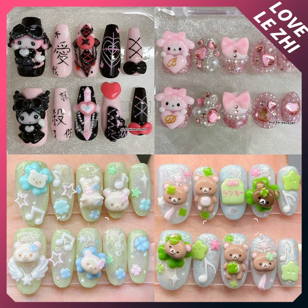 Kawaii الكرتون سانريو بلدي ميلودي كورومي Rilakkuma اليدوية اضغط على الأظافر Y2K أربع أوراق البرسيم اللؤلؤ Bowknot يمكن ارتداؤها أظافر صناعية #1