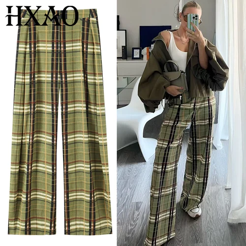 HXAO pantalones holgados a cuadros para mujer, pantalones de otoño 2025, pantalones de cintura alta de gran tamaño a la moda para mujer, pantalones elegantes de pierna ancha para ropa de calle