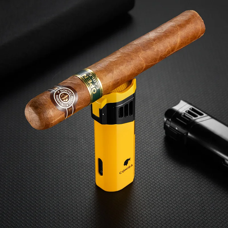 COHIBA Direct Spray Cigar Lighter Windproof Butane Torch Metal Inflatable Lighter Kitchen Barbecue Camping Cigar Tool Gift