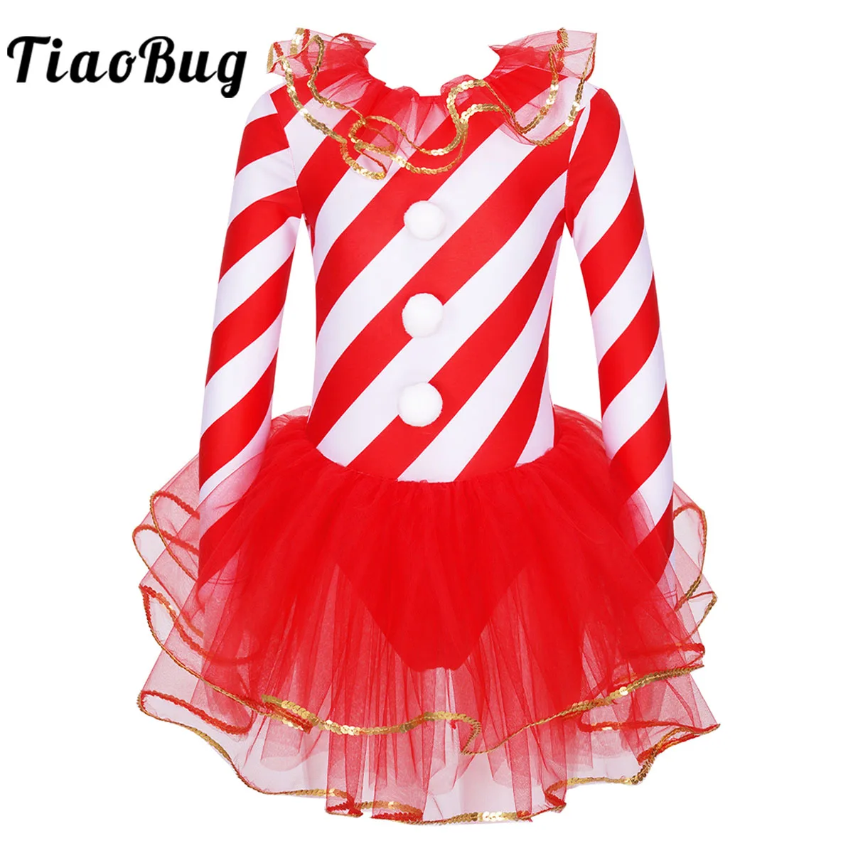 

Kids Girls Sequins Christmas Candy Cane Ballet Tutu Dress Performance Costume Stripes Mesh Leotard Figure Ice Skating Dancewear