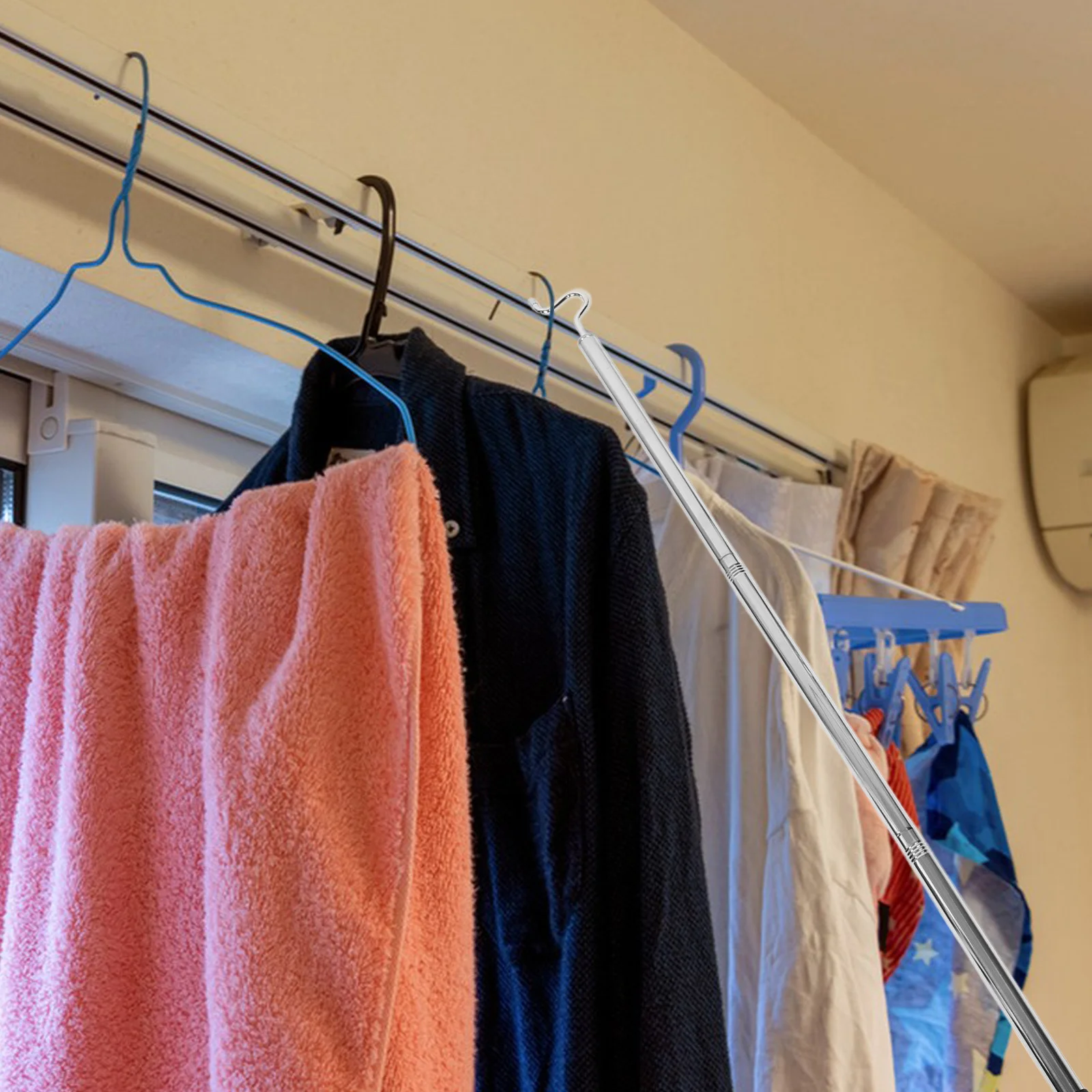 

Stainless Steel Clothes Hook Pole Heavy Duty Closet Rod for Hanging Clothes Detachable Metal Garment Reach Pole Wardrobe