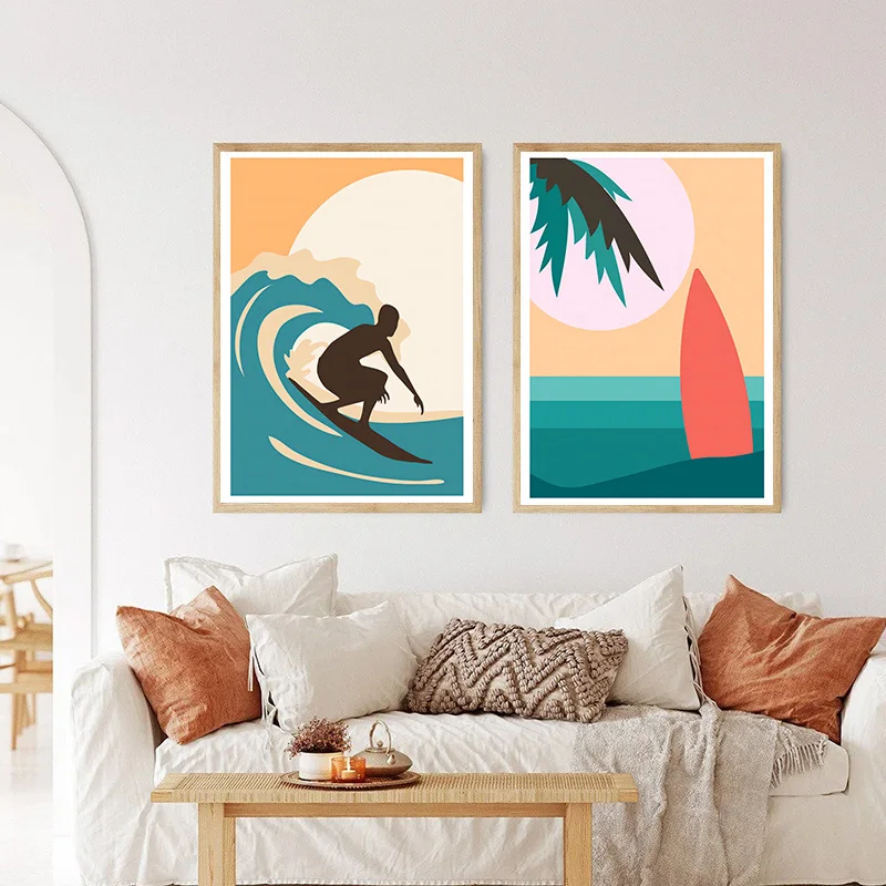Simple Seaside Beach Scenery Surfing Women Men Surfboard Coconut Trees Poster Canvas Painting Wall Art Pictures Room Home Decor