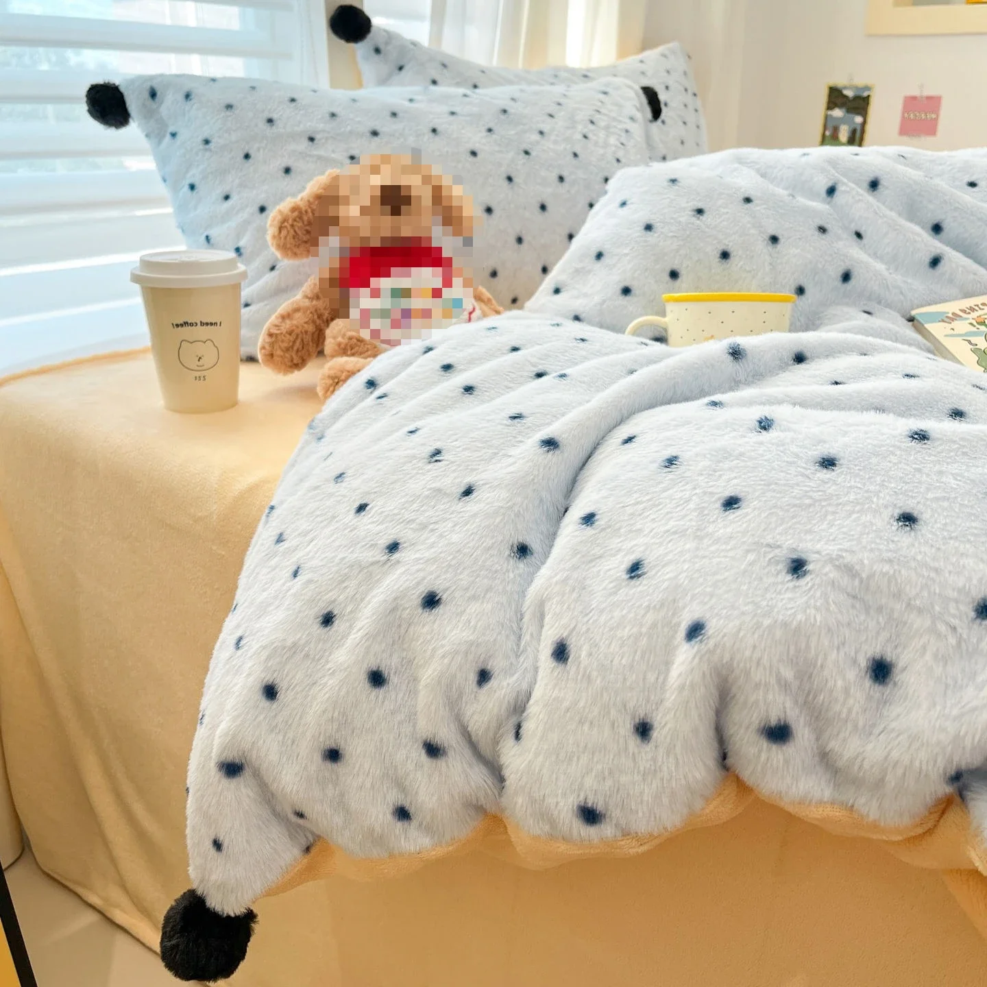 Cartoon Wave Point Anti Rabbit Fur Bed Four Piece Set Skin Friendly and Non Irritating Home Textiles AB Double-sided Bedspreads