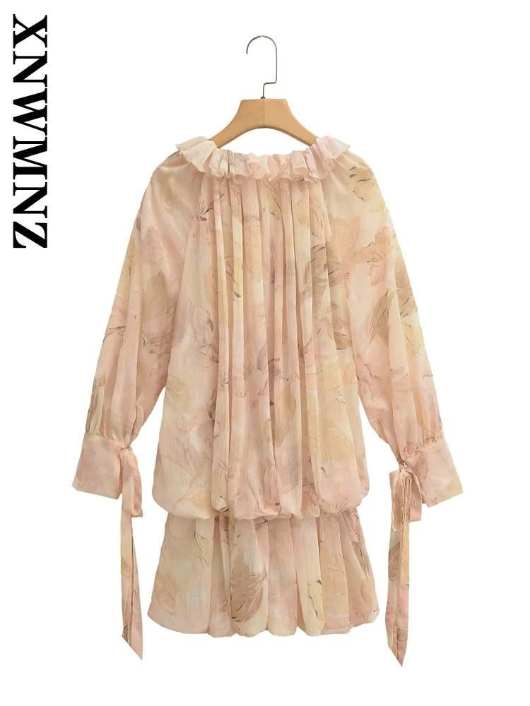 XNWMNZ 2025 ฤดูร้อนใหม่เลดี้แฟชั่น boho โบว์คอยาวแขนยาวมินิชุดลําลองวันหยุดผู้หญิง Ruffle ชุดดอกไม้