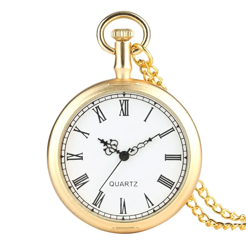 Luxury Golden Open Face Clock Roman Number Men Women Classic Quartz Analog Pocket Watch Necklace Pendant Chain Antique Reloj