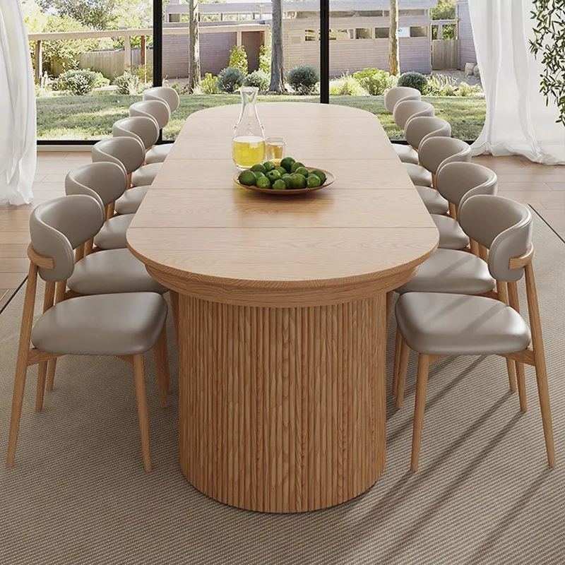 Log color solid wood retractable folding dining table, household rectangular 3M large size large long table