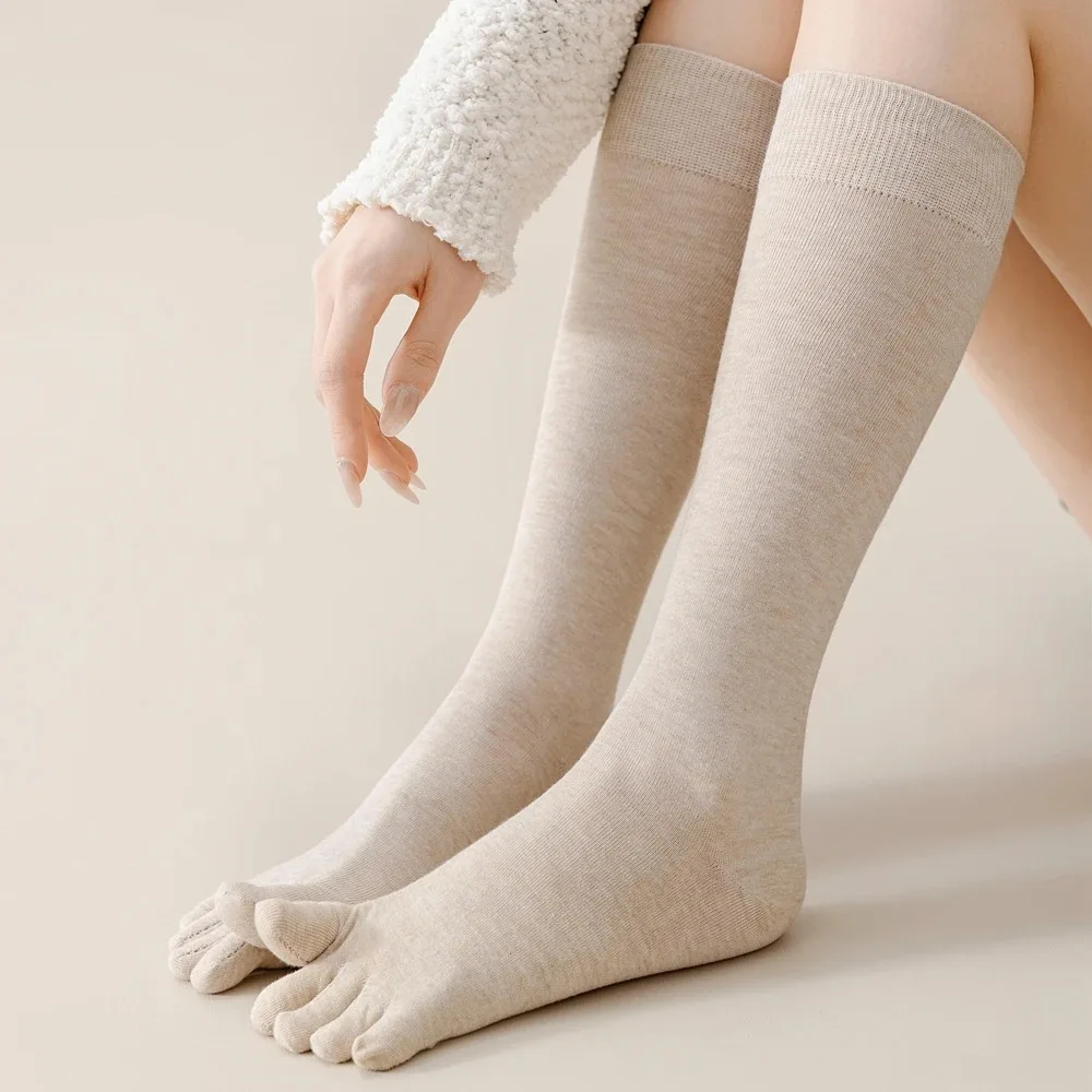 New Spring Autumn Five-Toe Socks High Tube Cotton Calf Socks Solid Color High Quality Five Finger Socks Ladies Stocking