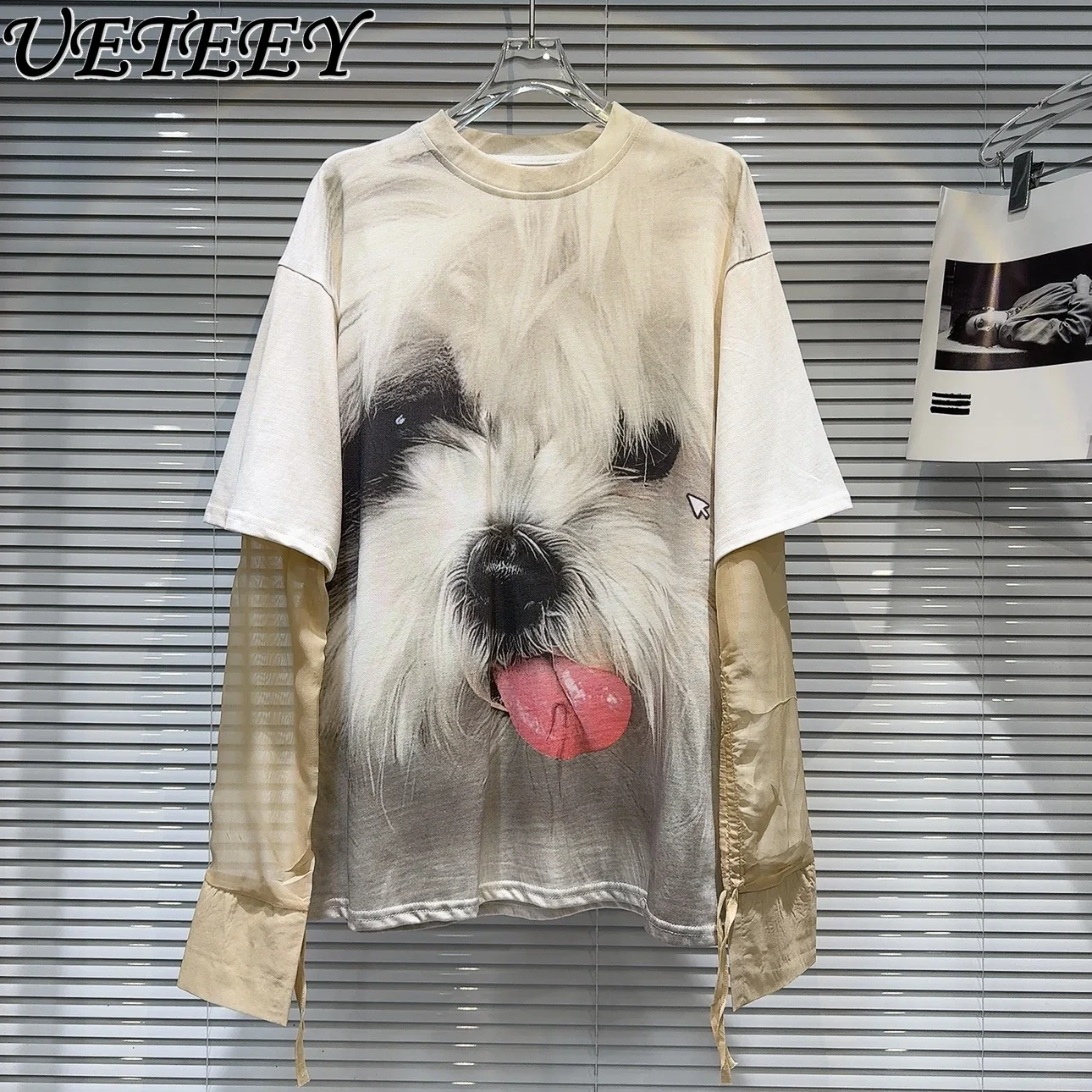 

Spring and Autumn New Cartoon Printing Pattern Splicing Long-sleeved Loose T-shirt Trendy Round Neck Casual Versatile Top