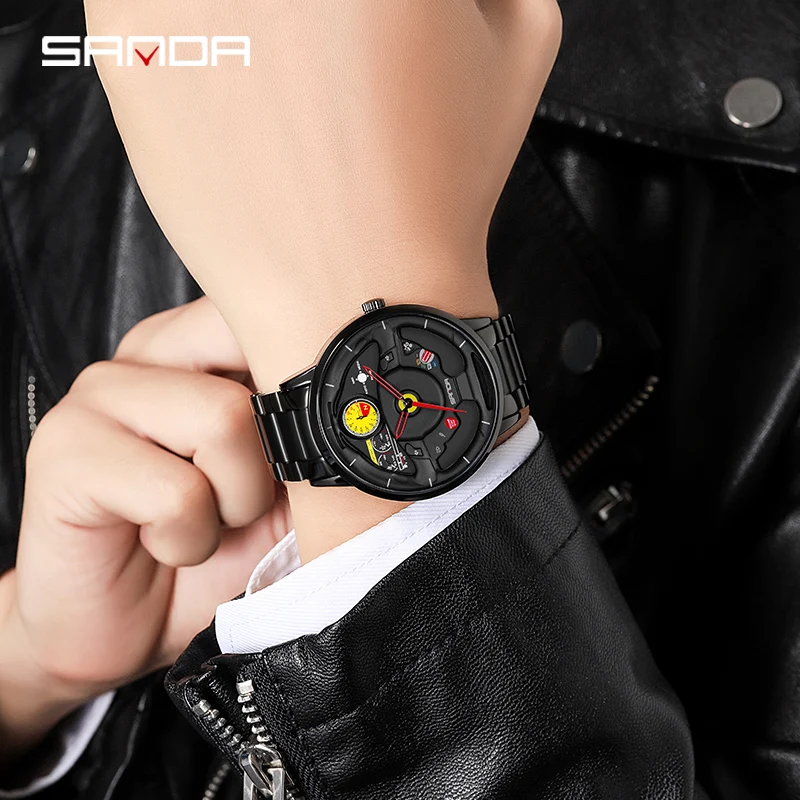 SANDA P1085 مبتكرة الهيكل العظمي ساعة الرجال الرياضة سيارة المقود مقاوم للماء الفولاذ المقاوم للصدأ حزام الكوارتز العلامة التجارية ساعات المعصم
