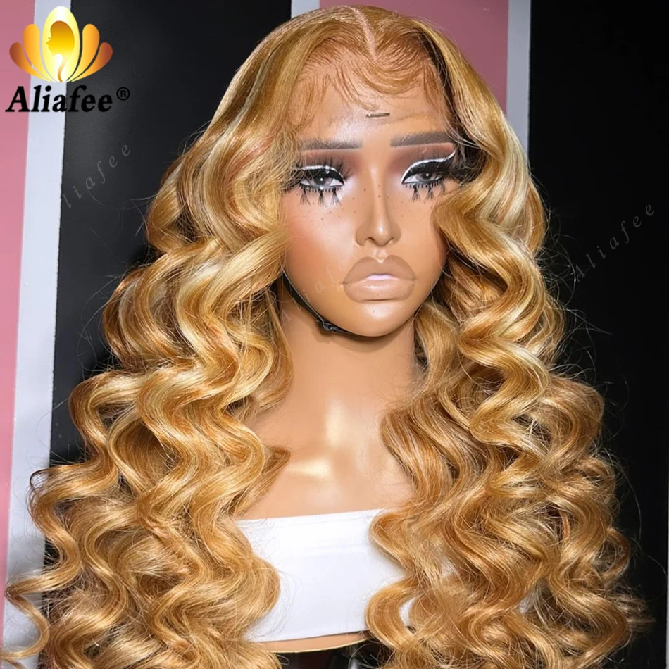 

Honey Blonde Color 13x6 13x4 Lace Frontal Wigs Bouncy Curly Highlights Wig Deep Wave 5x5 Lace Closure Human Hair Wig For Women