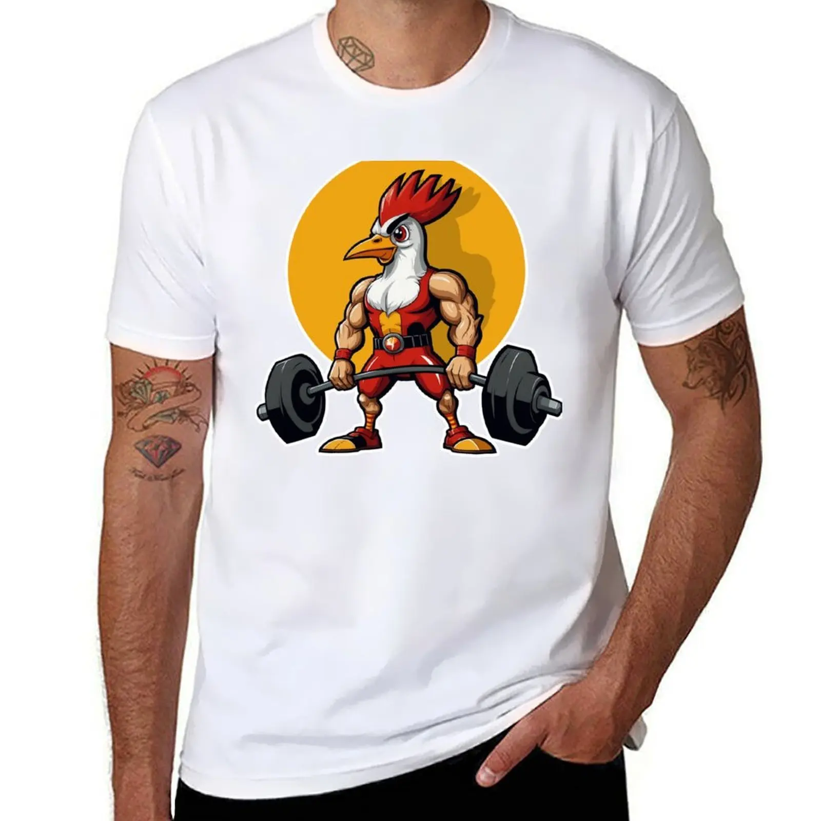 

muscular rooster lifting weights T-Shirt man t shirt luxury t shirts for man pack cotton T-Shirt