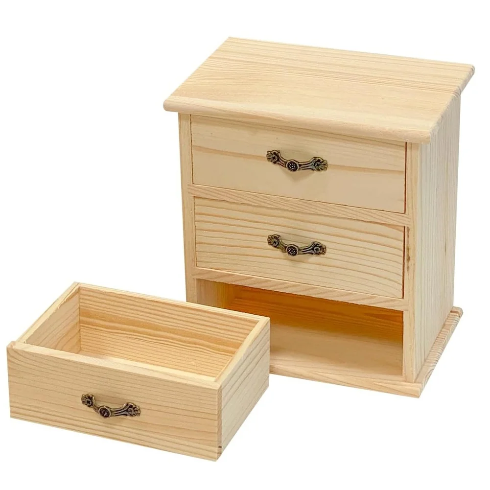 Three Drawer Jewelry Storage Box Featuring DIY Assembly in Natural Pine Wood for Efficient Organization and Decor