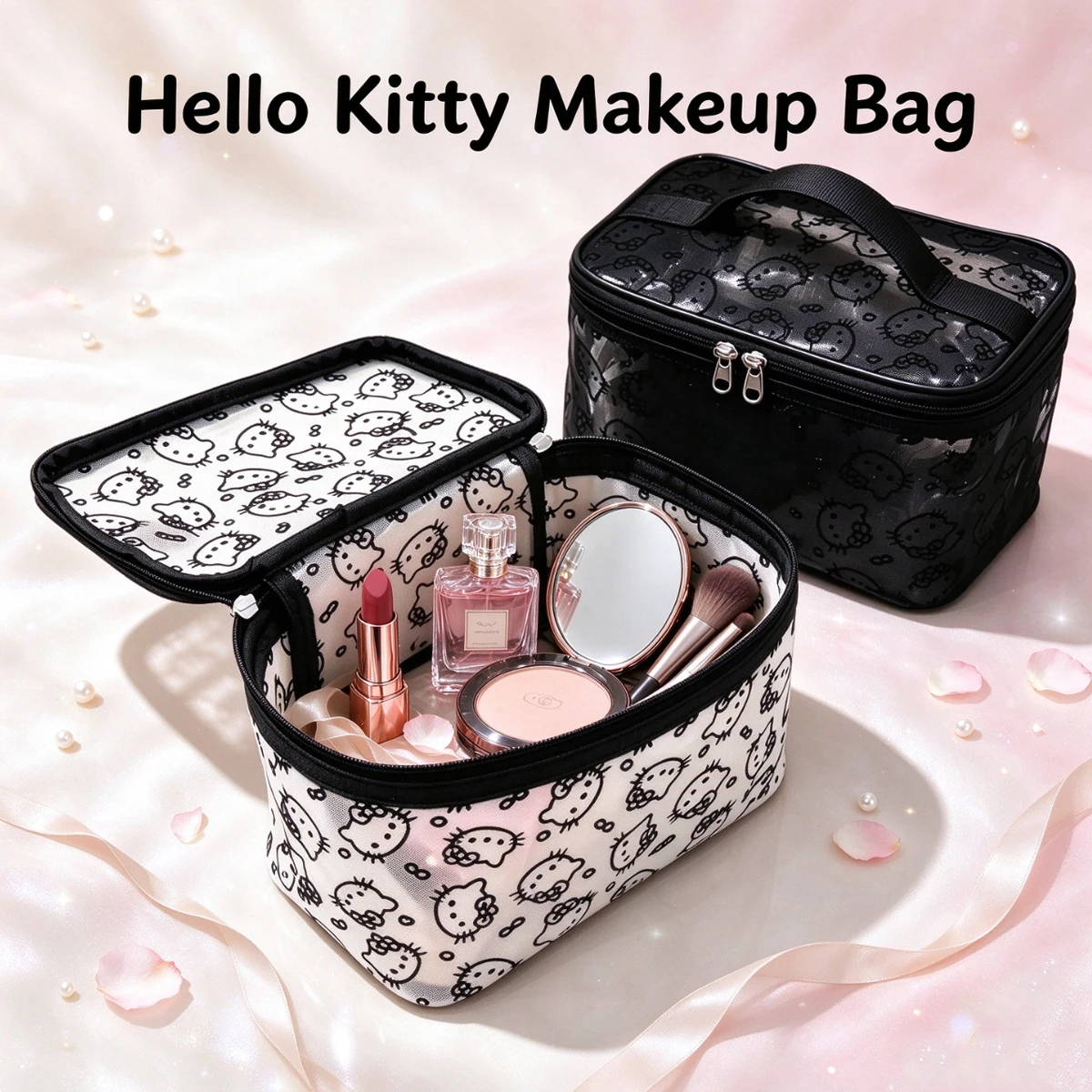 Cute Hello Kitty Mesh Makeup Bag, Transparent Flocked Cosmetic Organizer, Portable Travel Toiletry Bag