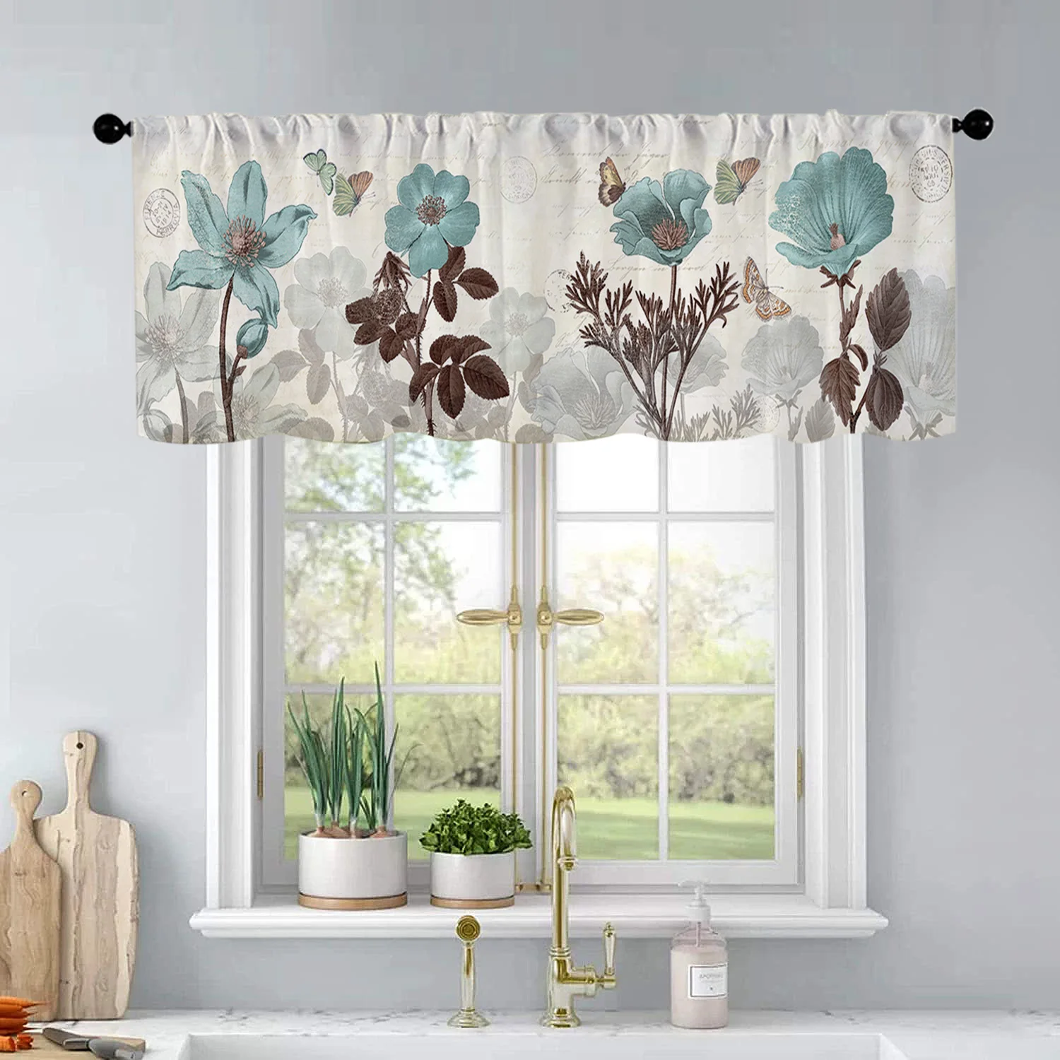 Spring Flowers Art Kitchen Curtain Valance - Teal Background Plants Rod Pocket Window Treatment 54x18 inch