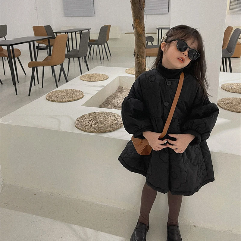 Girls\' Cotton Jacket Winter Embroidered Bubble Sleeves Thickened Cotton Jacket Fashion Children\'s Solid Color Warm Dress Coat