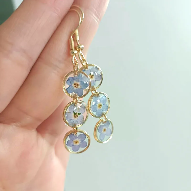 Blue Forget Me Not Dried Flower Time Gem Tassel Earrings Handmade Creative Retro Jewelry Romantic Gifts for Lady, Mom