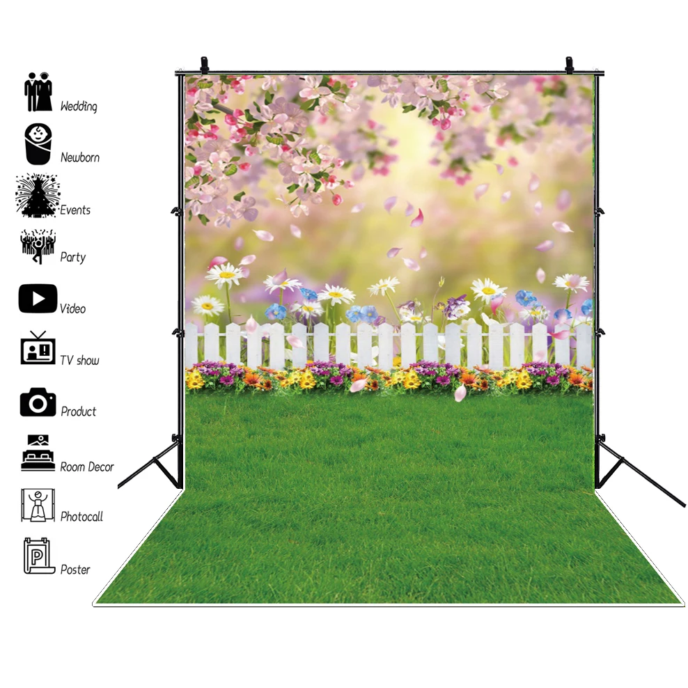 Laeacco 봄 정원 배경 사진 작가, 녹색 잔디 자연 울타리 꽃 사진 배경, 사진 스튜디오 소품