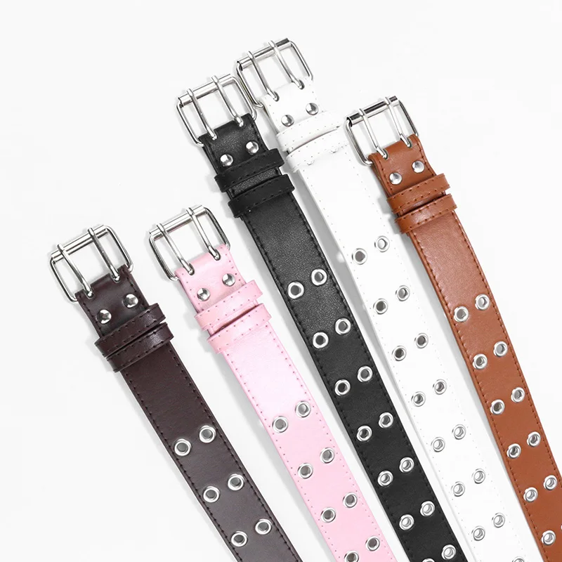 Punk PU Leather Belt for Child Double Holes Metal Pin Buckle Kids Waist Strap Boys Girls Jeans Pants Black Waistband