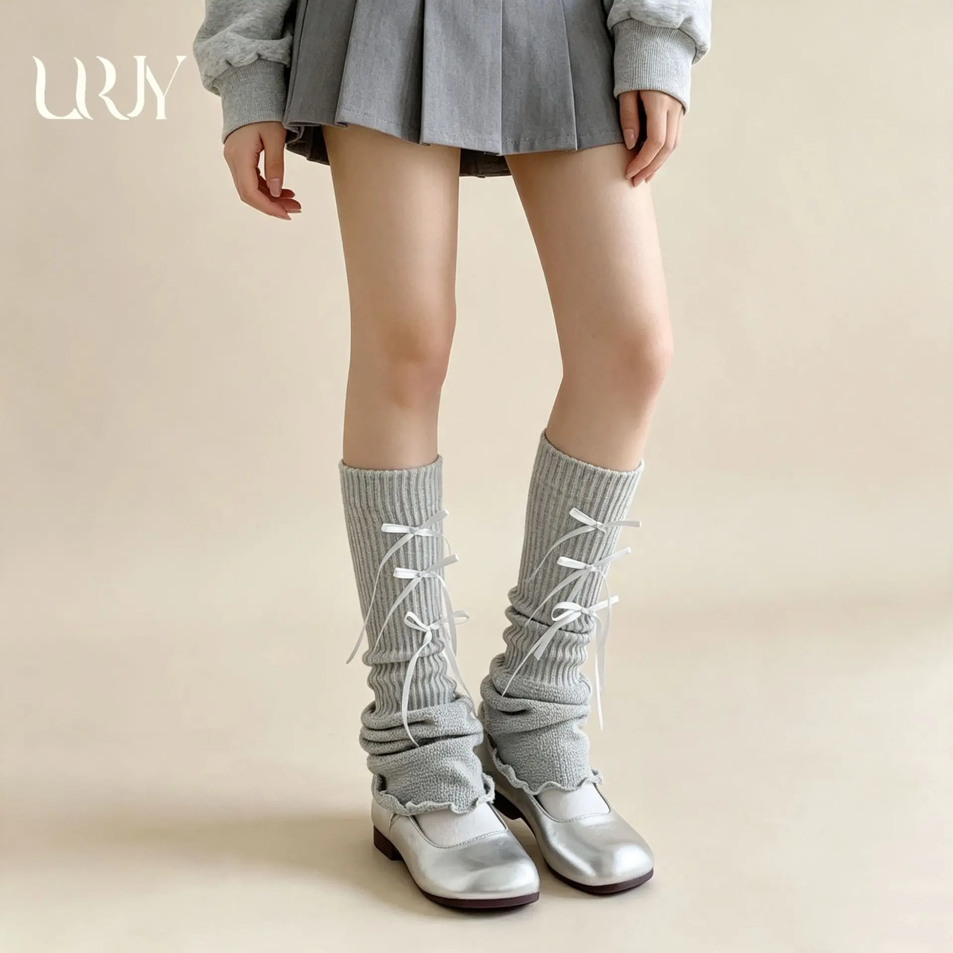 Women Knit Slouchy Leg Warmers with Bow Tie Ruffles, Balletcore Flared Lolita JK Leg Covers, Bow Straps Socks for Girls