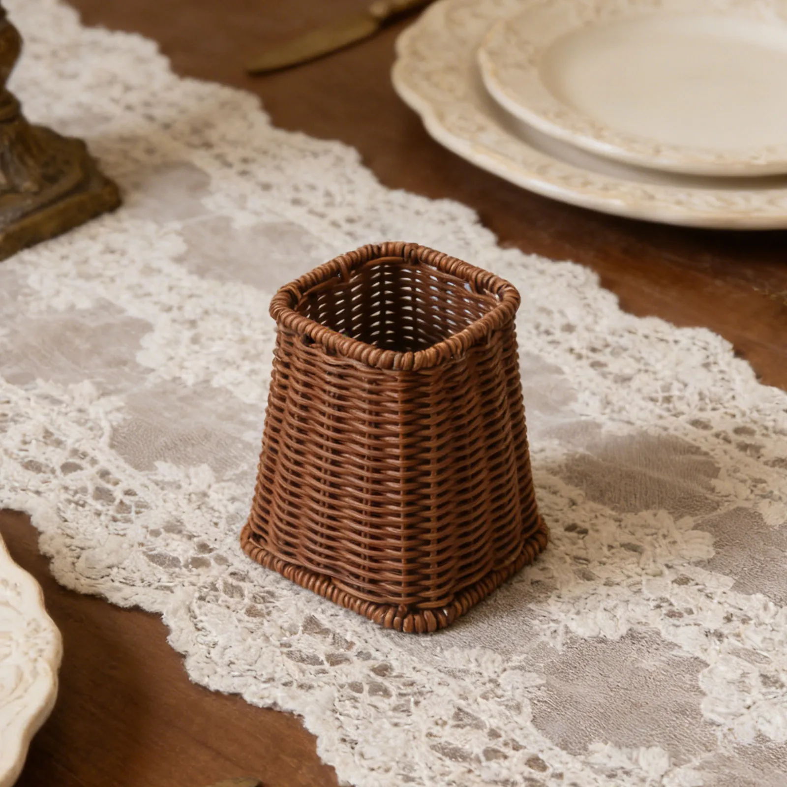 Vintage Imitation Rattan Cutlery Holder Kitchen Countertop Organizer Rustic Flatware Storage Basket Chopstick Holder Tableware
