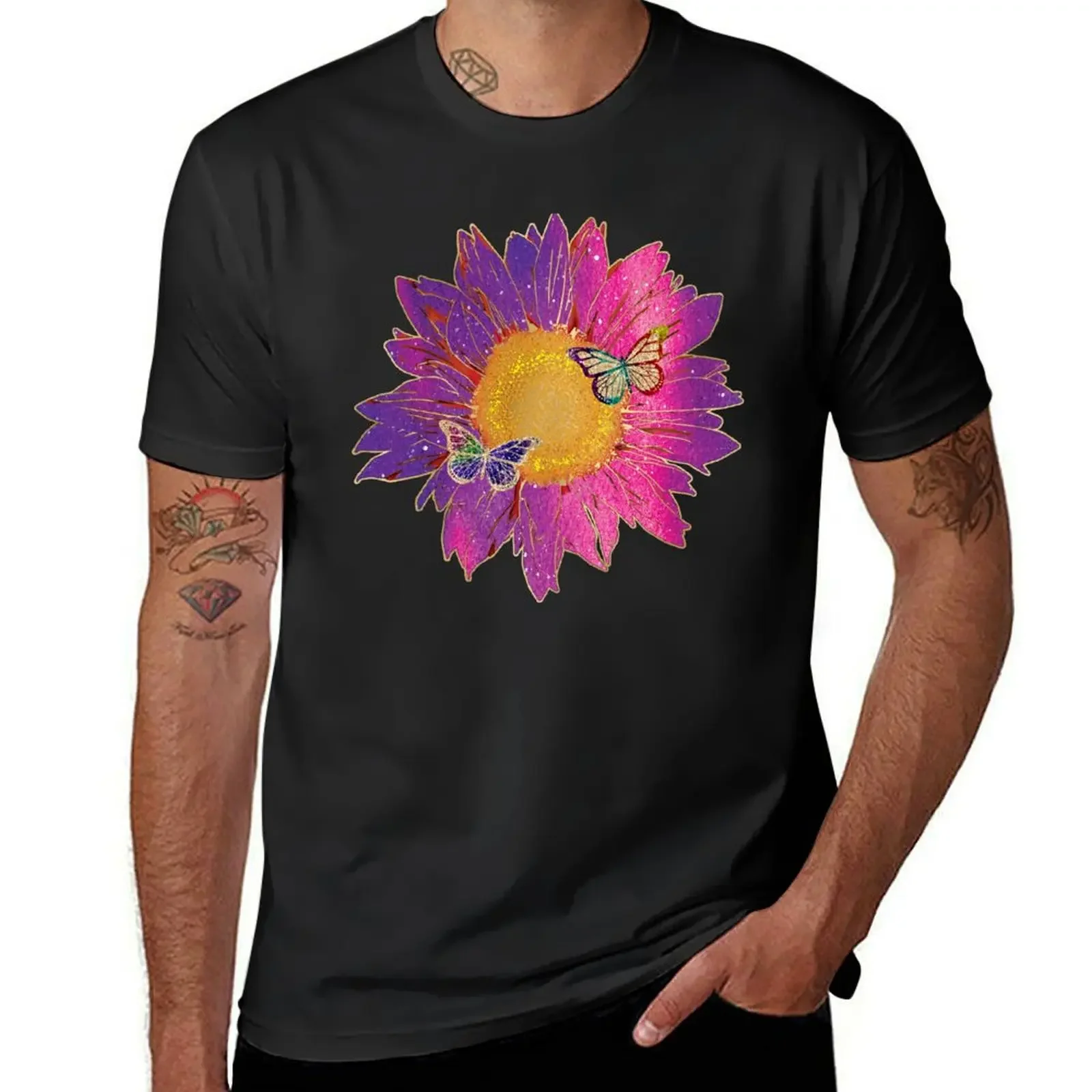 Pink Sunflower with Golden Rainbow Glitter Butterflies T-Shirt anime tshirt summer tops men t shirt