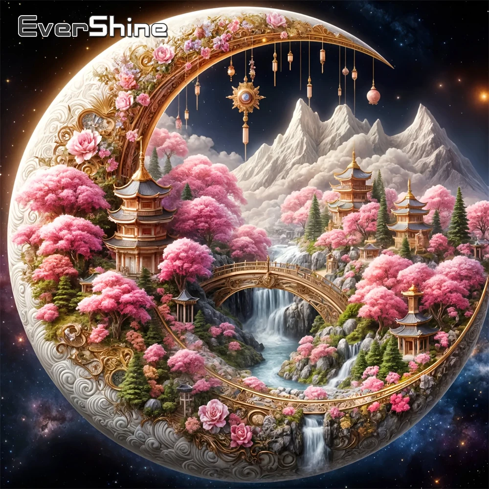 Evershine Mond Diamant Malerei Berg Landschaft Acryl Handwerk Liefert Haus Diamant Mosaik DIY Brücke Blume Einzigartiges Geschenk