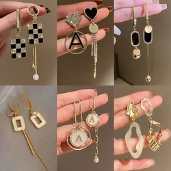 2024 New Letter Lattice Geometric Asymmetrical Pendant Long Tassel Earrings for Women Delicate Fashion Metal Vintage Jewelry