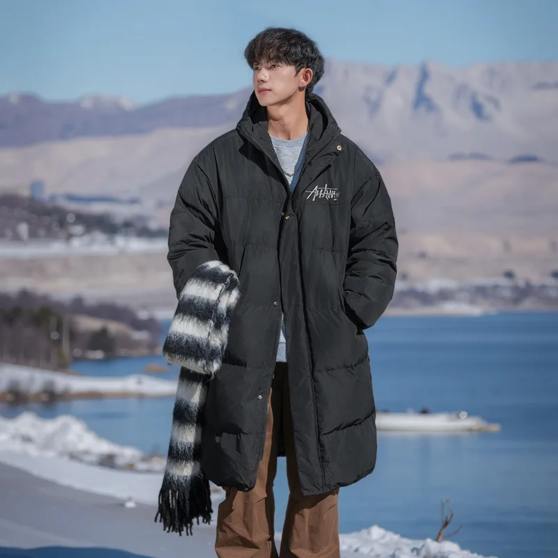 

Зимние утолщенные длинные хлопковые пуховые пальто с капюшоном для мужчин и женщин, непромокаемые свободные повседневные парные пуховые куртки, длинные куртки-пуховики AU-255