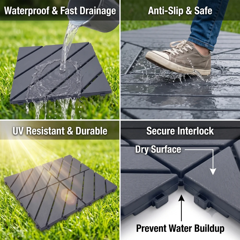 44 Pack 12"x12" Plastic Interlocking Deck Tiles, Waterproof Non-Slip Outdoor Patio Flooring, All Weather Drainable Snap Together Decking Tiles for Poolside Porch Garden Backyard view 4