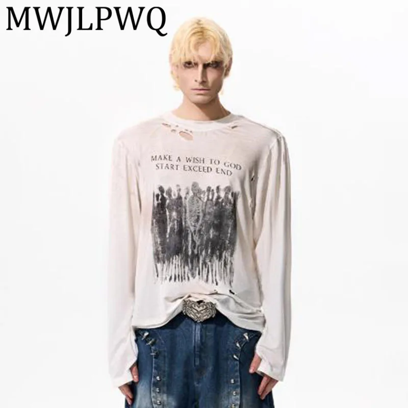 

MWJLPWQ осенняя футболка с принтом распылением для мужчин, свободные повседневные топы с длинными рукавами в американском стиле 12119