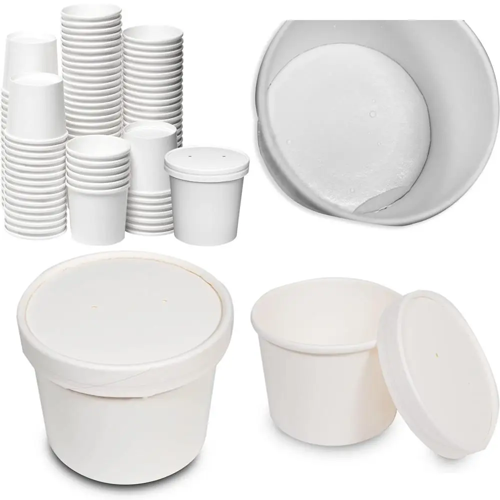 

Disposable 16oz White Paper Food Containers with Vented Lids for Hot Soup, To-Go Bowls, and Ice Cream Cups