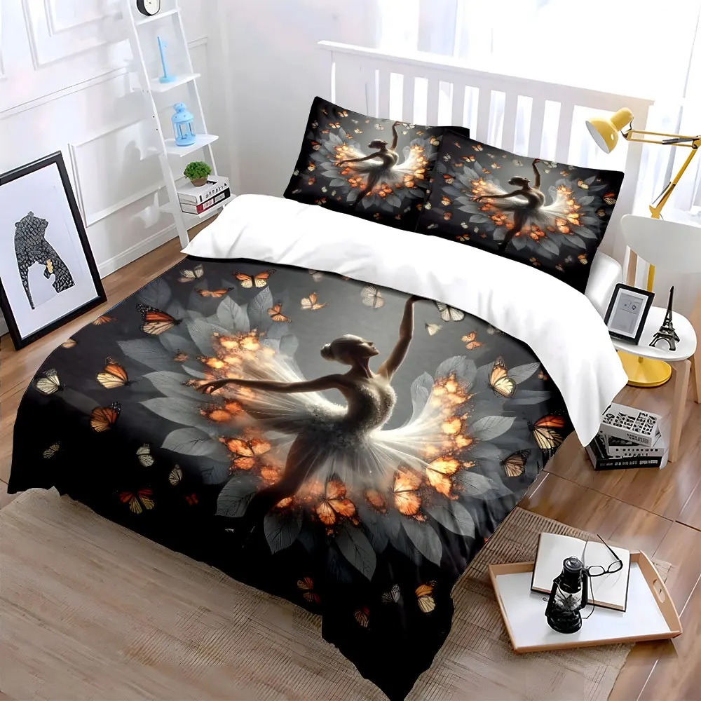 Dancer with fluttering butterflies Pattern Duvet Cover Set Digital Print Colorful Polyester Bedding with Zipper Closur for gift