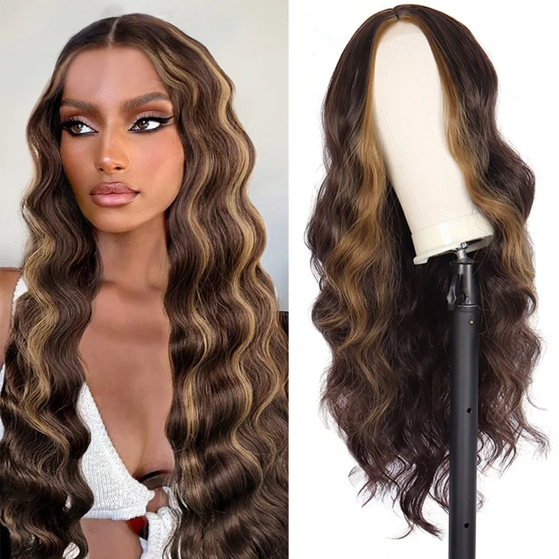 Long Body Wavy Synthetic Wigs for Women Afro Natural Black Hair Wigs Middle Part Heat Resistant Fiber Daily Use