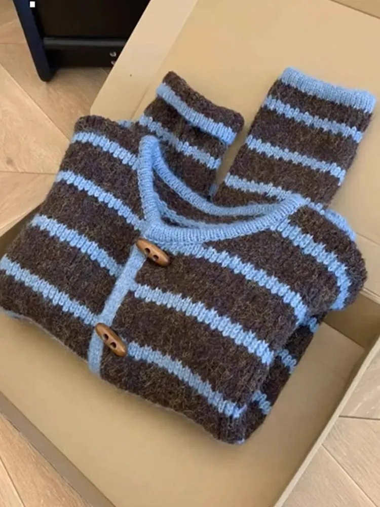 

Женский вязаный длинный свитер в стиле ретро в полоску, верблюжий кардиган, удобный модный дизайн на пуговицах Sensation