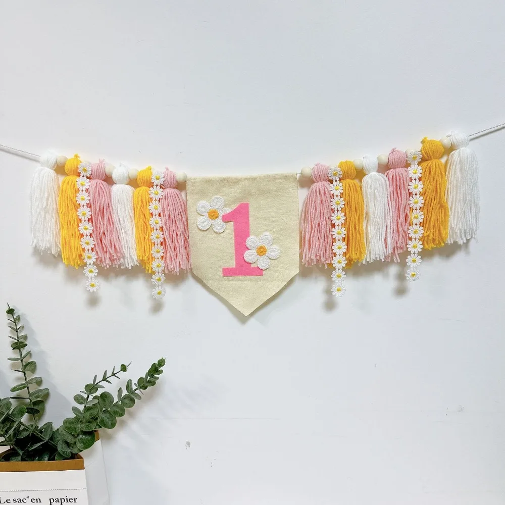 Cotton Colorful Tassel Highchair Banner 62 Inch Pink Baby High Chair Pull The Flag Colorful Tassel Banner Birthday Party