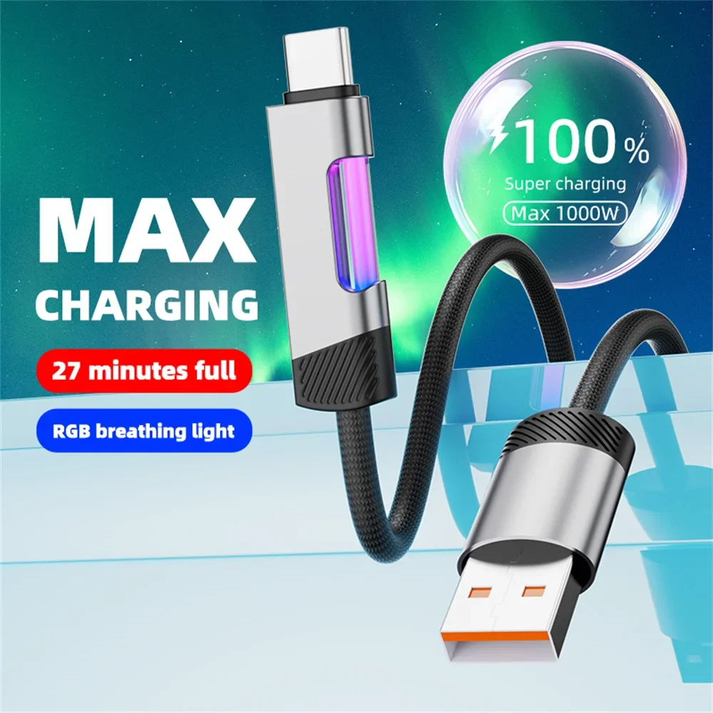 100W USB Type C Cable RGB Color Changing Fast Charging Charger Cable for Xiaomi Huawei Redmi OPPO OnePlus POCO Data Cable