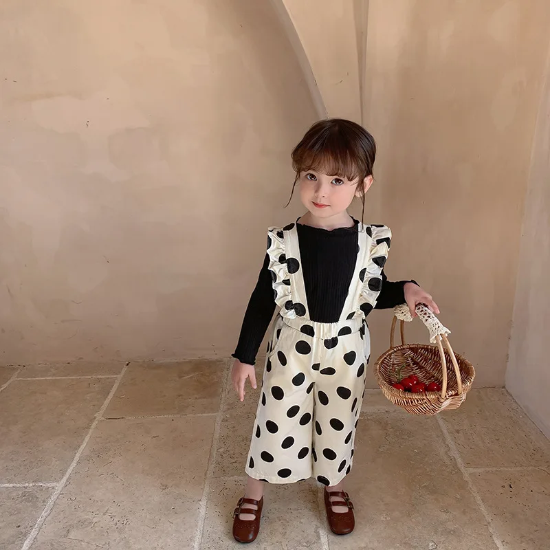 Girls' Set Long Sleeve Stretch Base Shirt with Polka Dot Overalls24Autumn and Winter New Fashion Foreign Trade Children's Wholes
