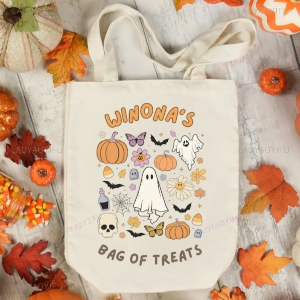 Halloween Ghost Pumpkin Trick or Treat Shopping Bag Personalized Name All Saints' Day Canvas Bag Outdoors Reusable Shopping Bags