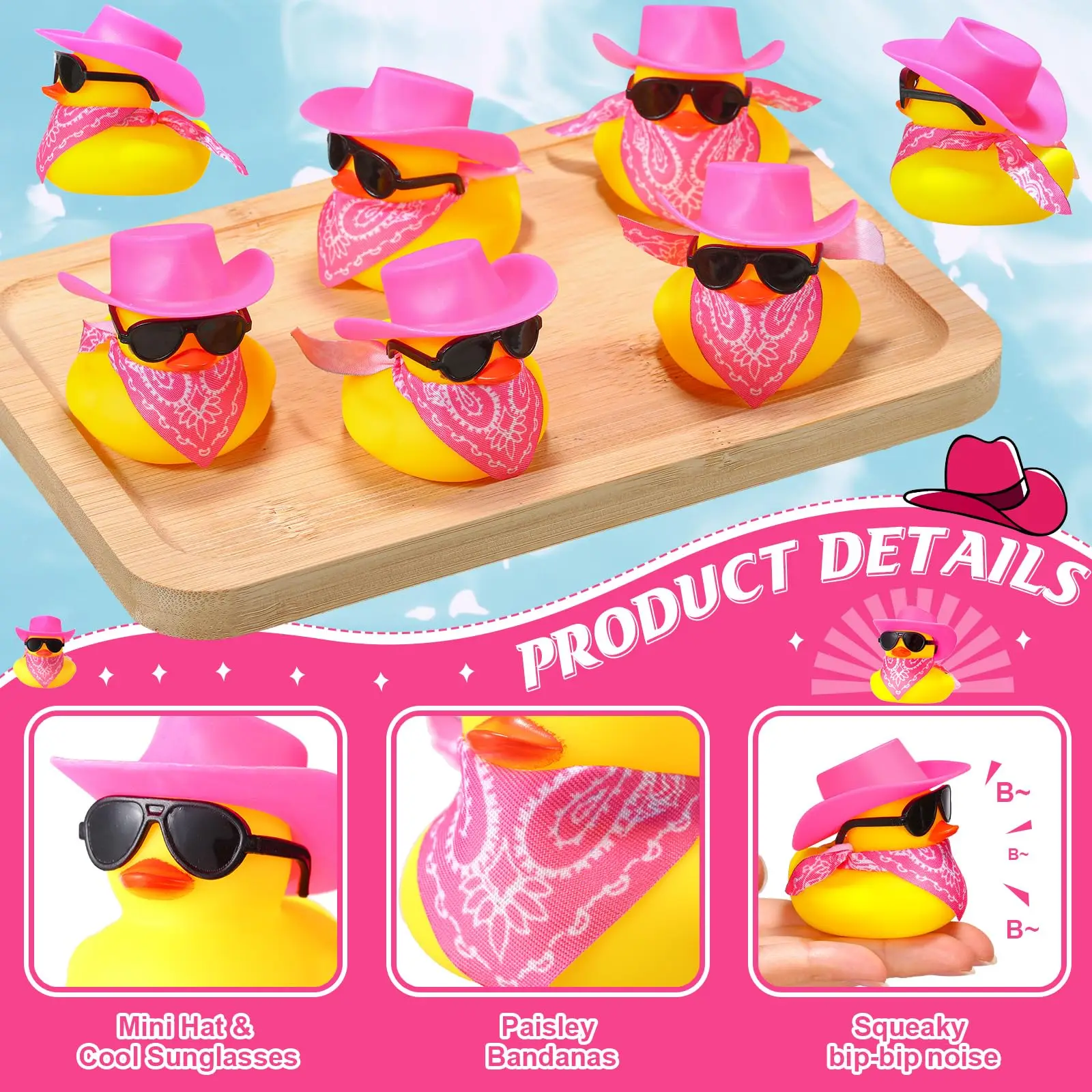 12/24/36 Set Cowboy Rubber Duck Bulk Mini Car Yellow Duckies Toys Party Favor with Mini Hat Swim Circle Car Ornaments for Summer