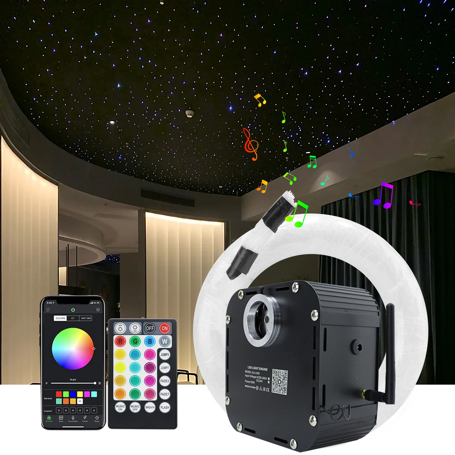 

4-Speed 50W Twinkle RGBW Fiber Optic Starry sky Ceiling APP Control Optical Fiber Light for Star Ceiling Kit light Decoration