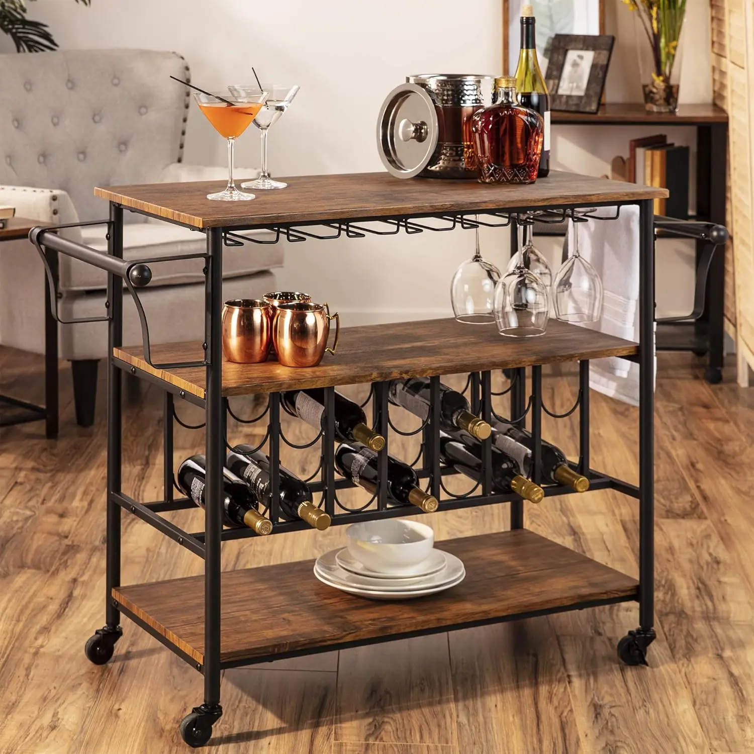 45in Industrial Wood Shelf Bar & Wine Storage Service Cart Trolley w/ 14 Bottle & 18 Glass Racks, Locking Caster Wheels