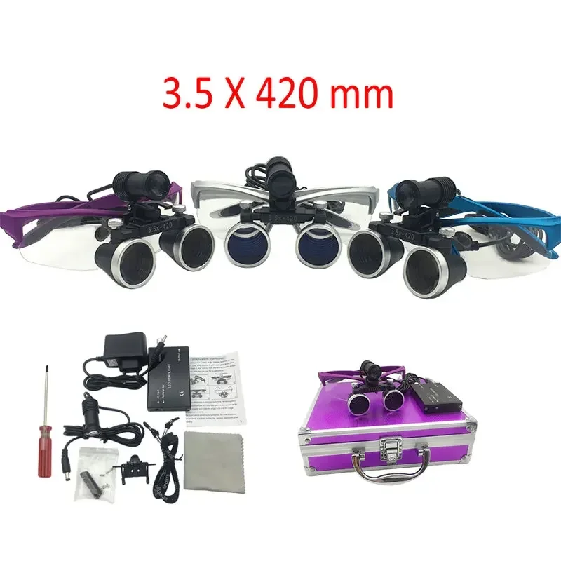 Dental Binocular Magnifier Surgical Operation Loupe with Spotlight Head Light with Storage Box 3.5 X 420mm