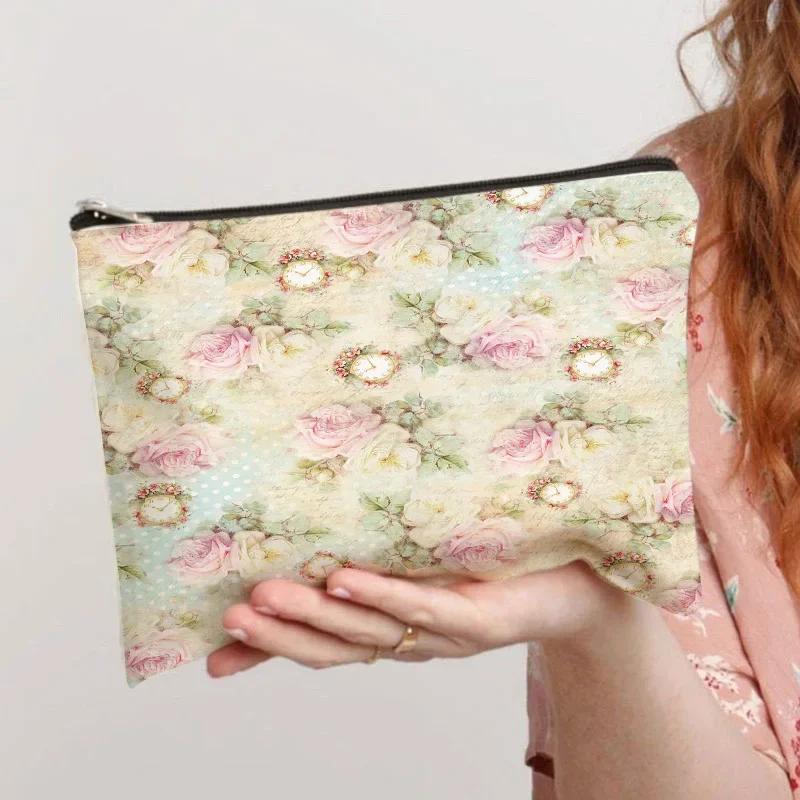 Princess Alice Print Women Cosmetic Bag Retro Flower Ladies Small Clutch Purse Travel Handbags Schoolgirl's Pencil Storage Bags