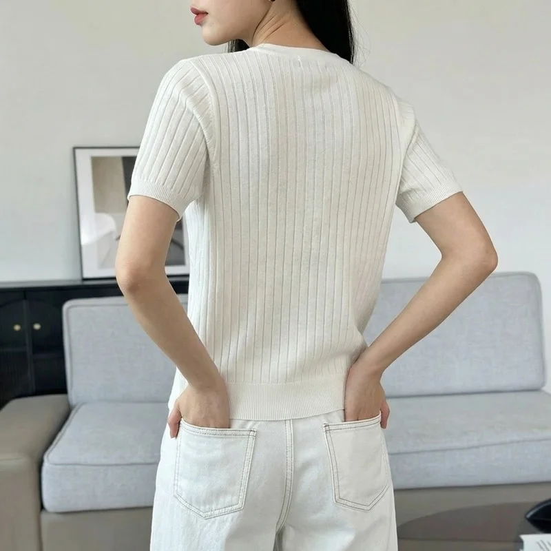 Women's 100% Pure Cotton Round Neck Pullover Vest Loose Fitting Half Sleeve Open Back Knitted Summer Short Sleeve Large Size Top