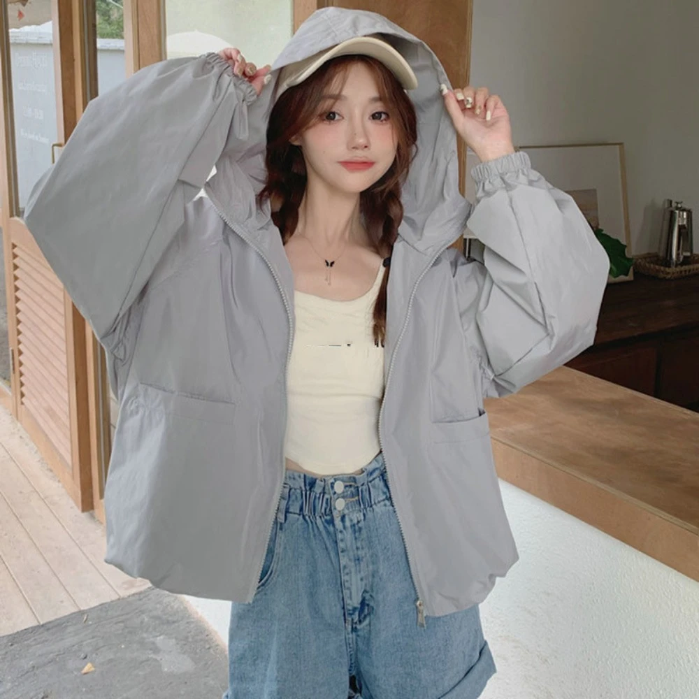 

Casual Loose Sunscreen Coat Women Solid Color Windproof Sun-Protective Tops Out Wear Quick-Drying Hooded Jacket Spring Autumn