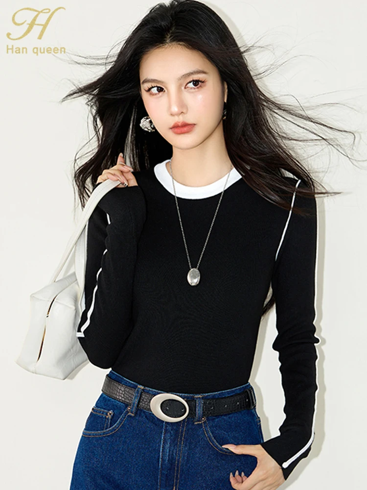 

H Han Queen 2025 Autumn Winter Pullovers O-Neck Elastic Vintage Knitwear Chic Fashion Simple Colorblocking Women's Sweaters Tops