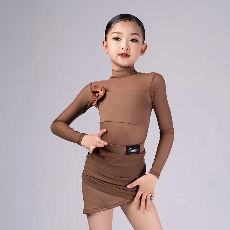 

Latin Dance Costume Children Dance Performance Training Clothes Girls High-Neck Long Sleeved Dancing Set Salsa Dress XH2975