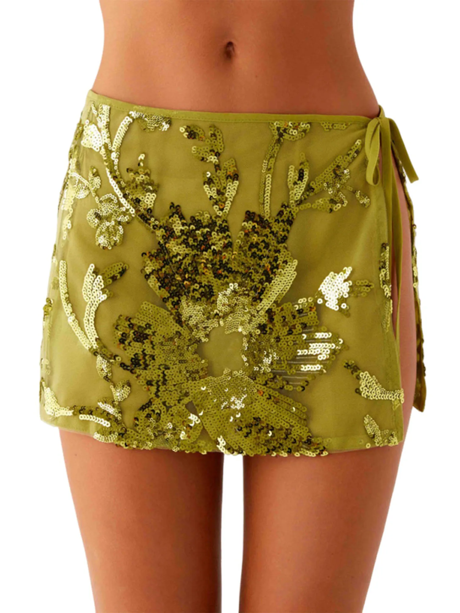 Dames rokken met pailletten, laagbouw, zijband, split, sprankelende minirok, trendy zomer-streetwear