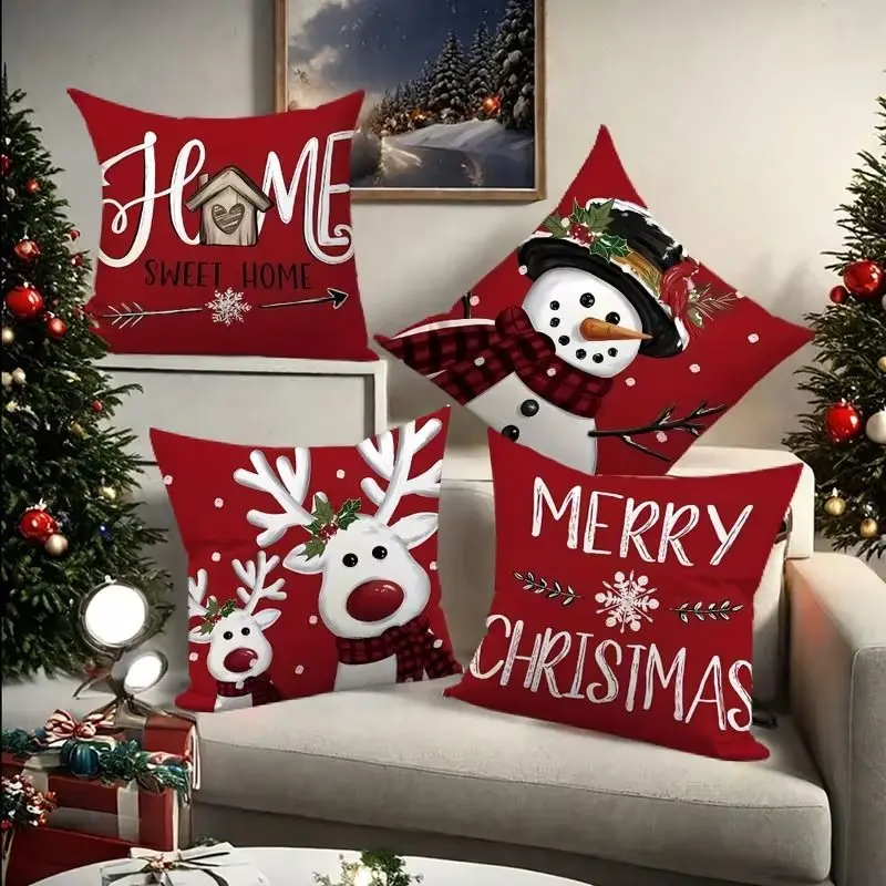 VIKAMA 4Pcs Classic Red Xmas Pillow Covers Snowman Reindeer Home Sweet Home Print Cushion Cases for Couch Holiday Home Decor