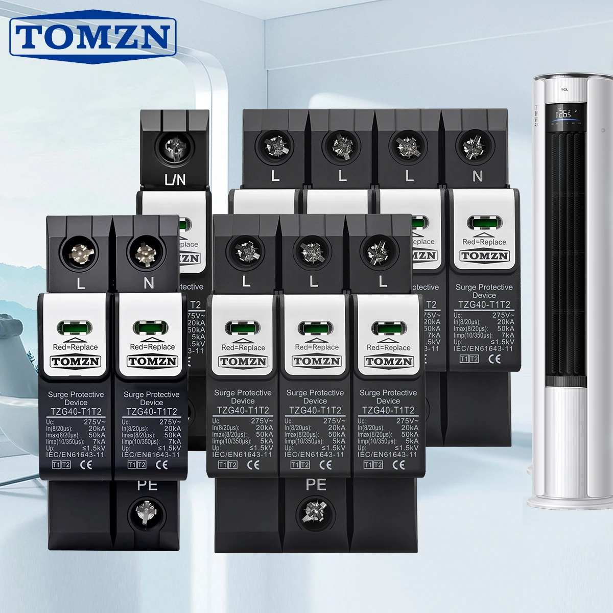 

TOMZN TZG40-T1T2 New type 275V 385V AC 8/20μs 20-50kA 10/350μs 7kA Pluggable DIN Rail SPD Surge Protective Device Lightning
